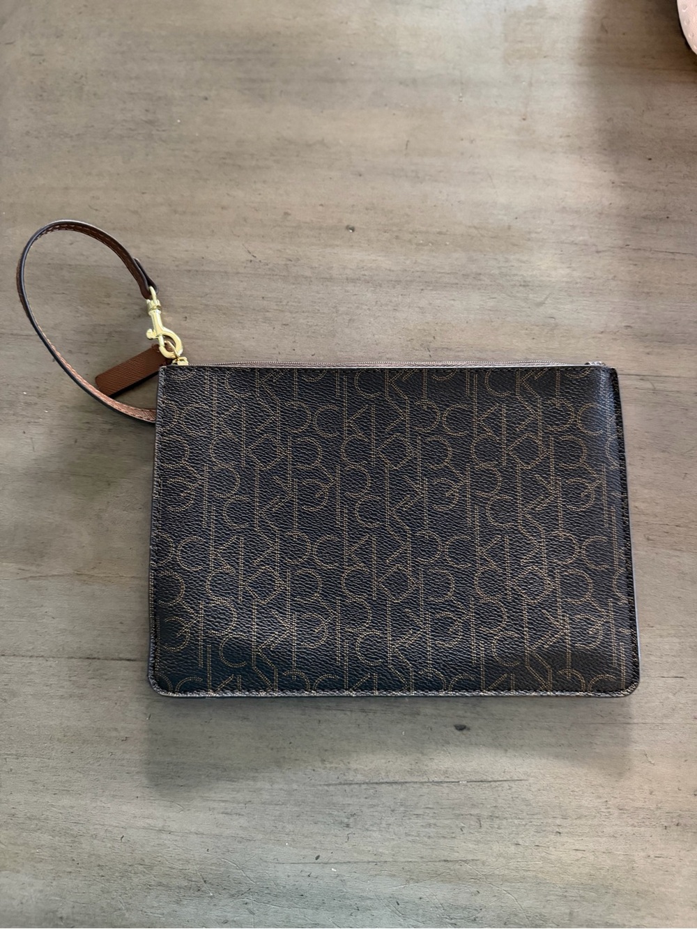 Calvin Klein Brown Monogram Wristlet Clutch